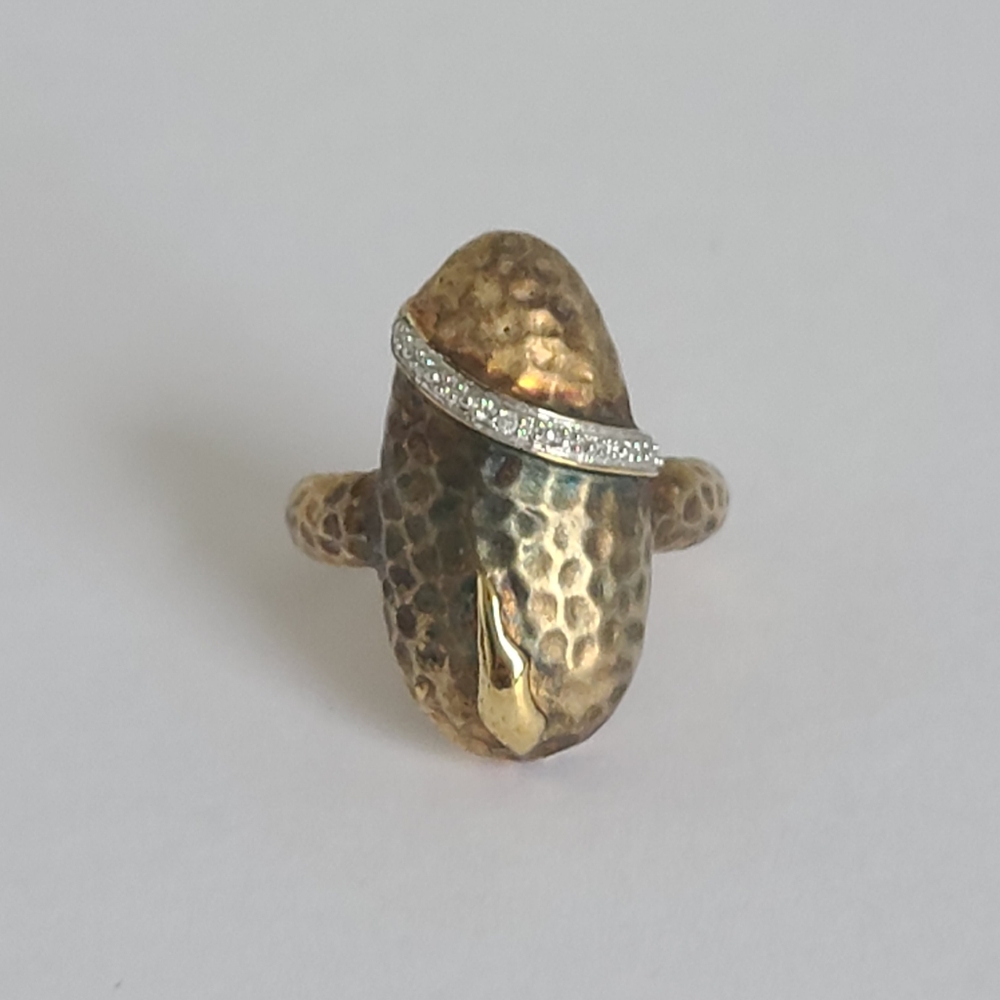 Sterling Silver Hammered Gold Plated Crystal Chunky Dragon Oval Full Finger Ring